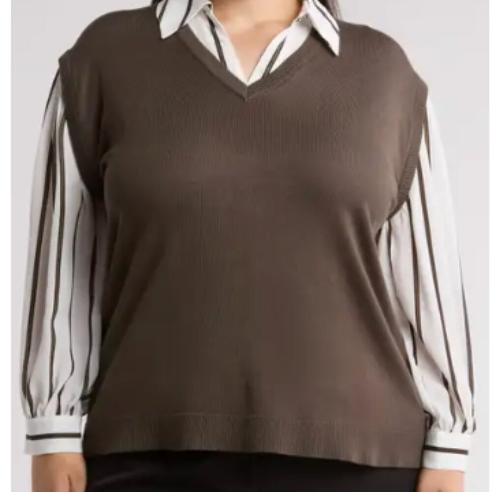 Adrianna Papell Twofer Sweater- Fatigue W/fatigue Combo Stripe- Size 1x NWT
